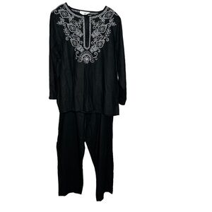 Susan Graver Women’s Linen Blend 2 Piece Set Blouse Pants 1X Black Embroidered